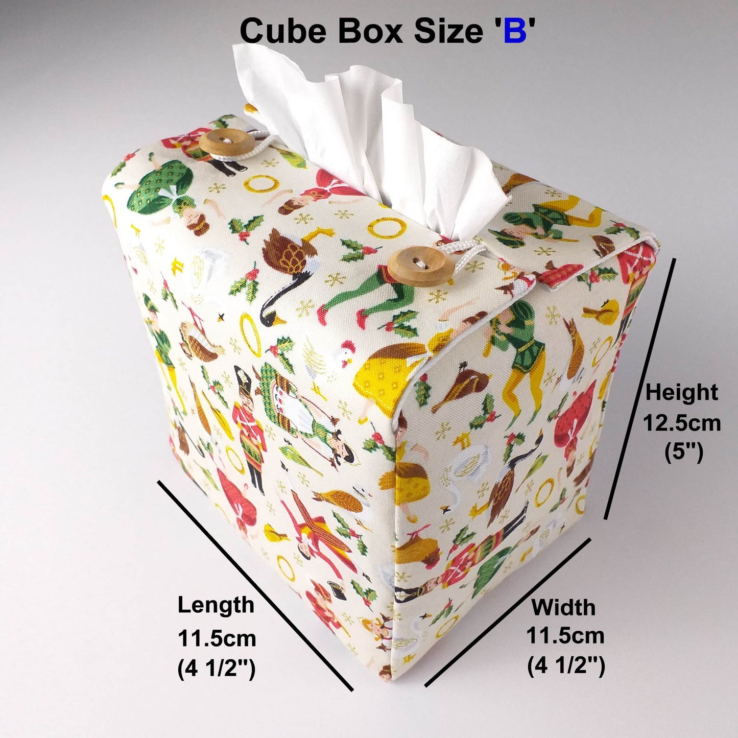 Square tissue box cover with product details