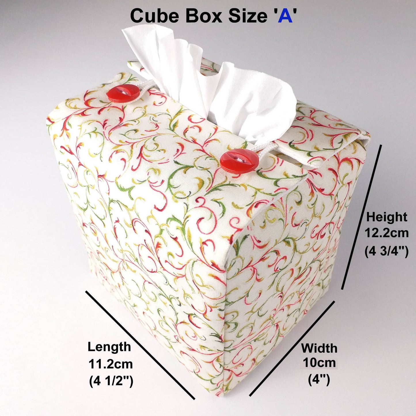 Square tissue box cover with product details