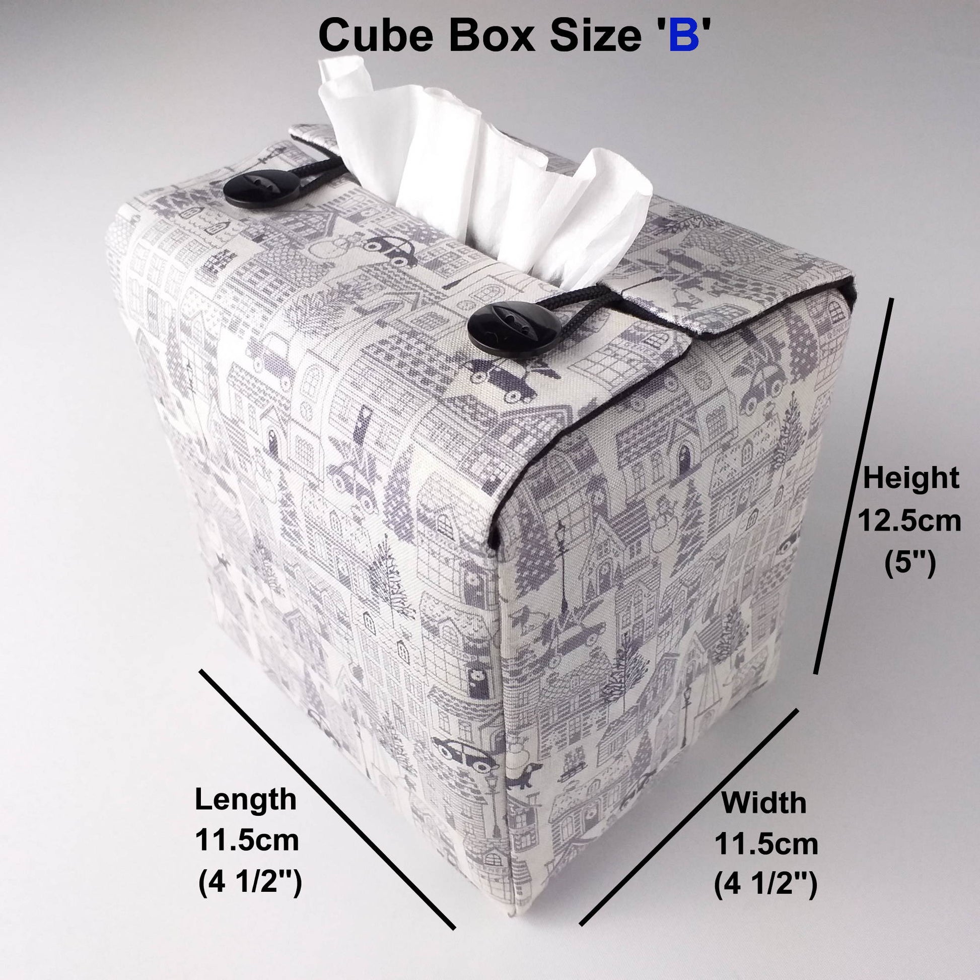 Square tissue box cover with product details