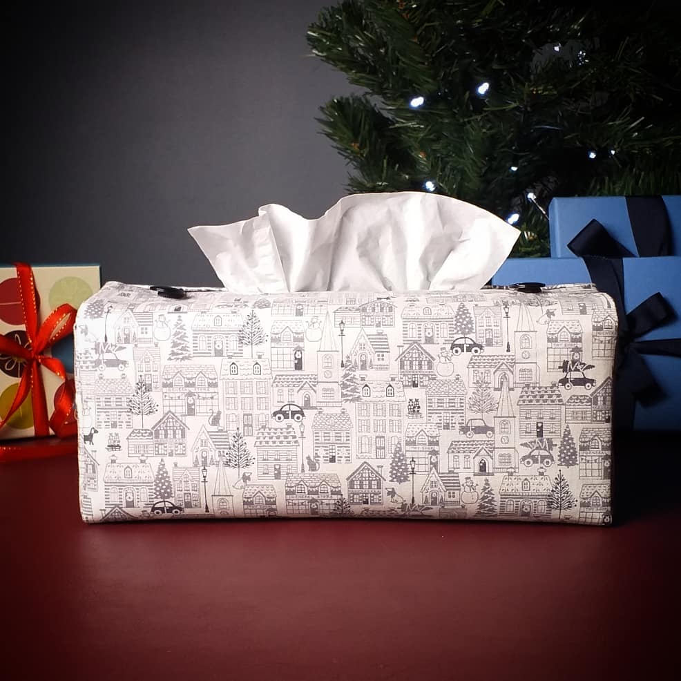 Rectangular Fabric Tissue Box Cover - Winter Village Christmas Design