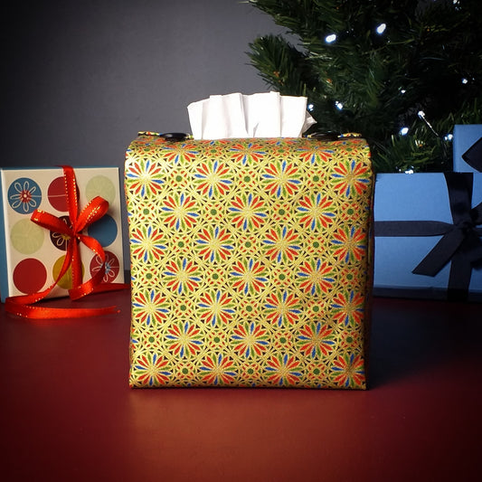 Cube Fabric Tissue Box Cover - Petals on Gold Christmas Design