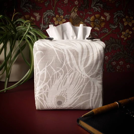 Cube Fabric Tissue Box Cover - Peacock Feathers on Natural