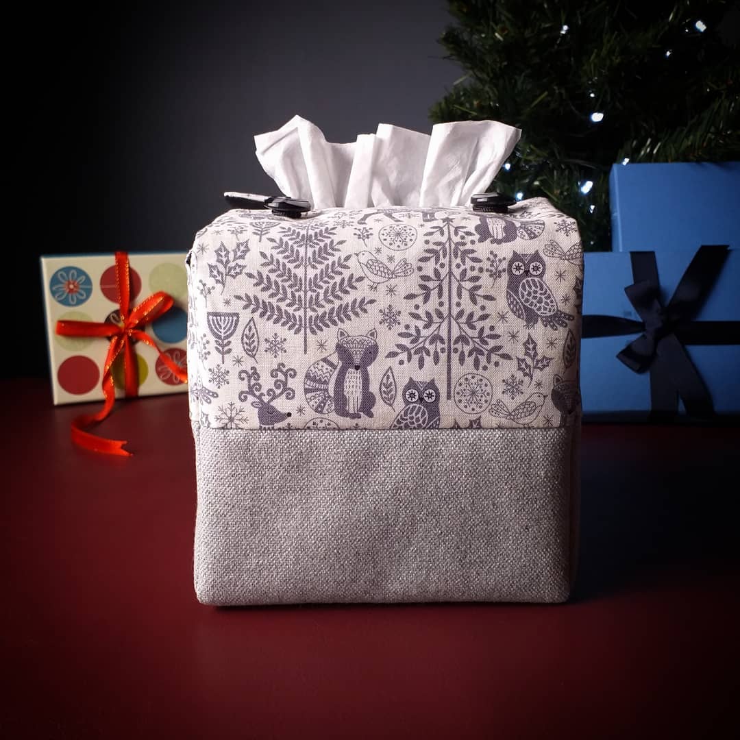 Cube Fabric Tissue Box Cover - Two Tone Winter Forest Christmas Design