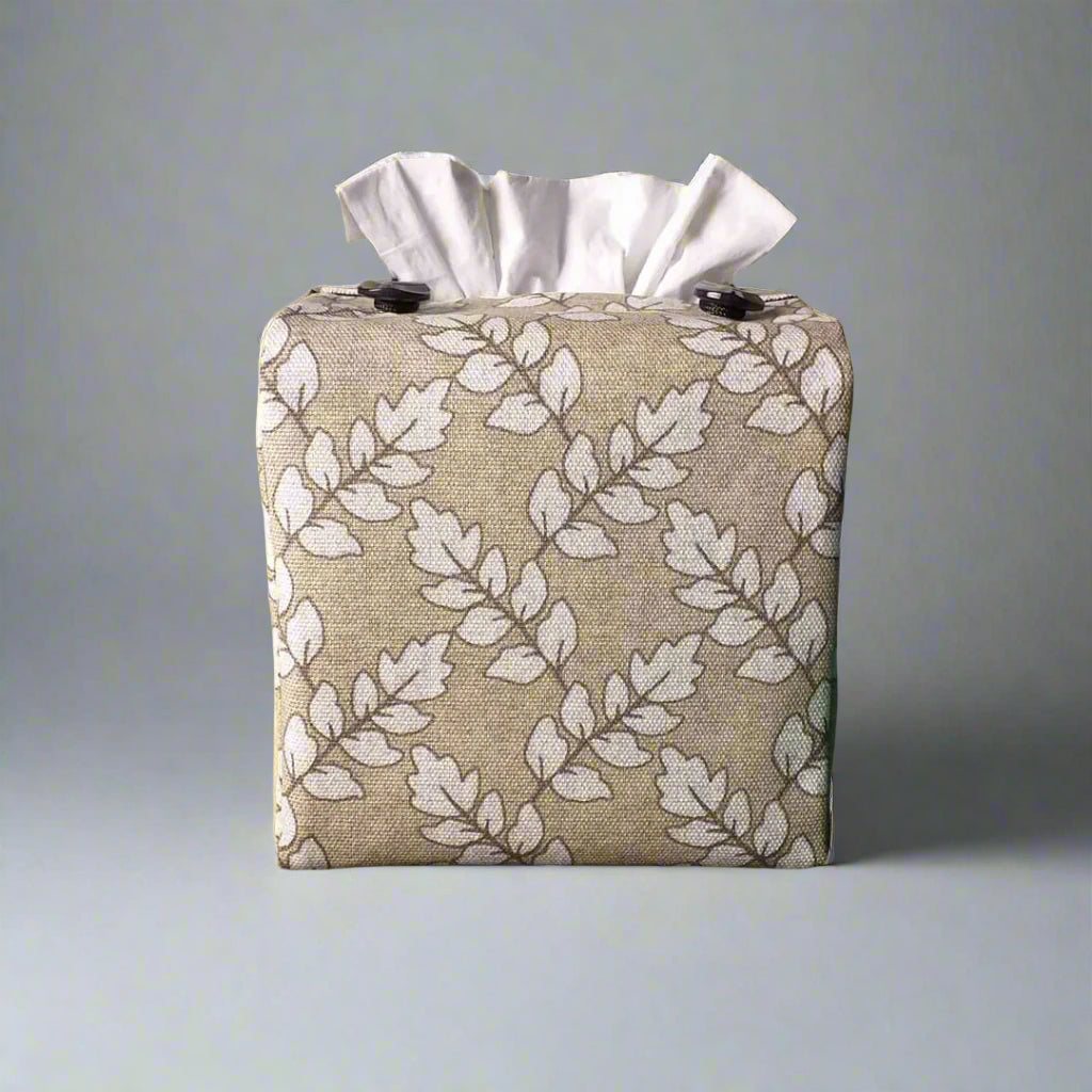 Square tissue box cover with off-white ash leaf pattern on oatmeal colour background