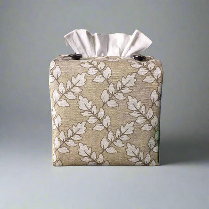 Square tissue box cover with off-white ash leaf pattern on oatmeal colour background