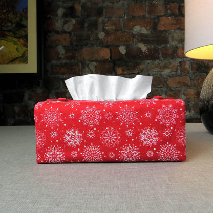Rectangular Fabric Tissue Box Cover - Snowflakes on Red Christmas Design