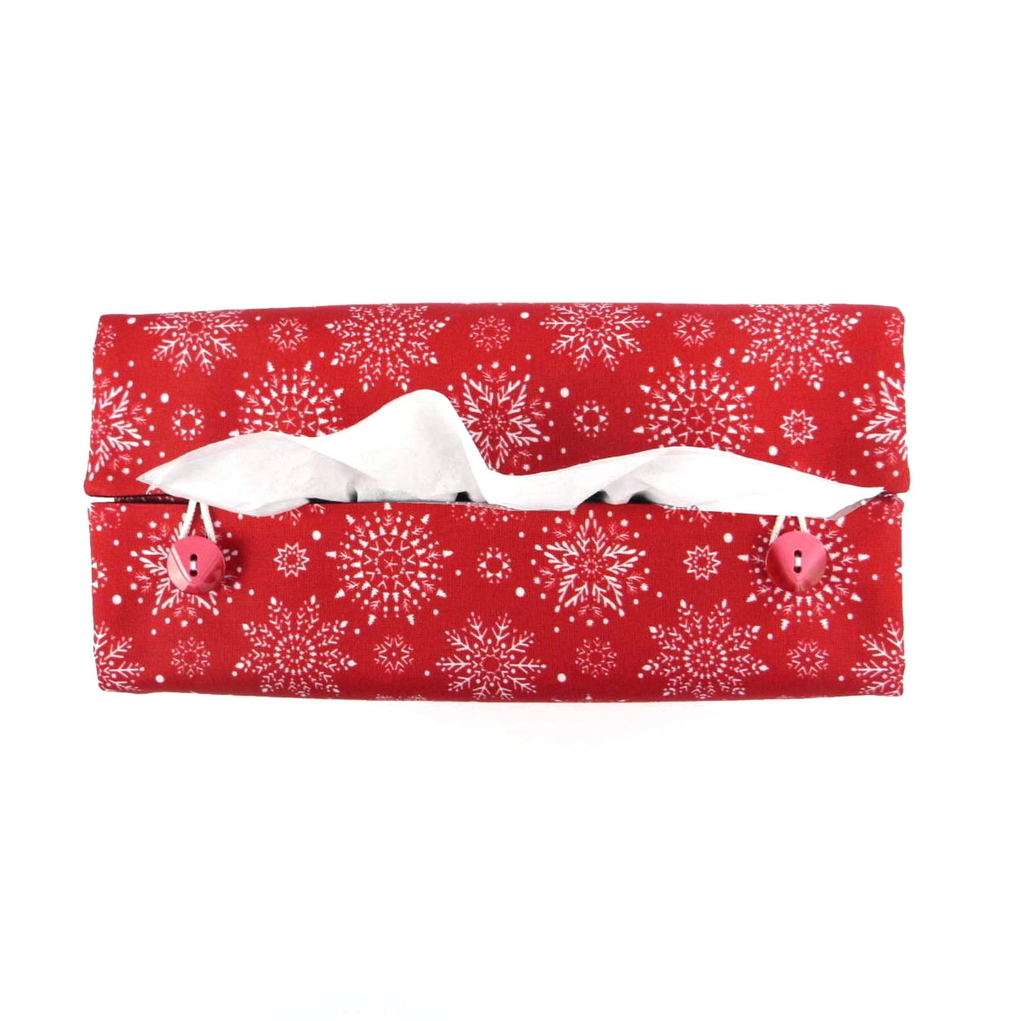 Rectangular Fabric Tissue Box Cover - Snowflakes on Red Christmas Design