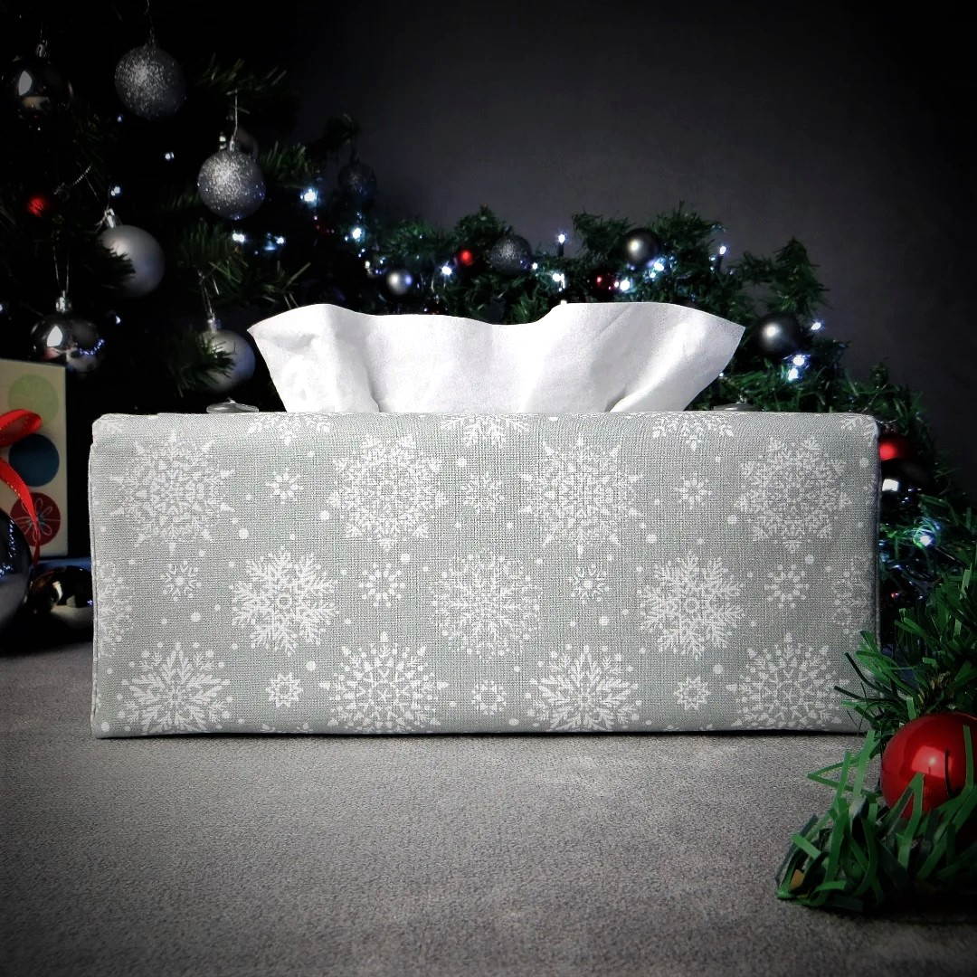 Rectangular Fabric Tissue Box Cover - Snowflakes on Grey Christmas Design