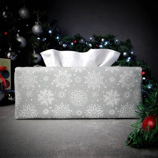 Rectangular Fabric Tissue Box Cover - Snowflakes on Grey Christmas Design
