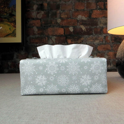 Rectangular Fabric Tissue Box Cover - Snowflakes on Grey Christmas Design