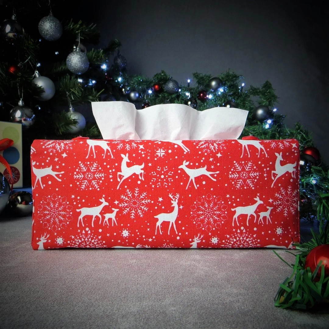 Rectangular Fabric Tissue Box Cover - Reindeer on Red Christmas Design