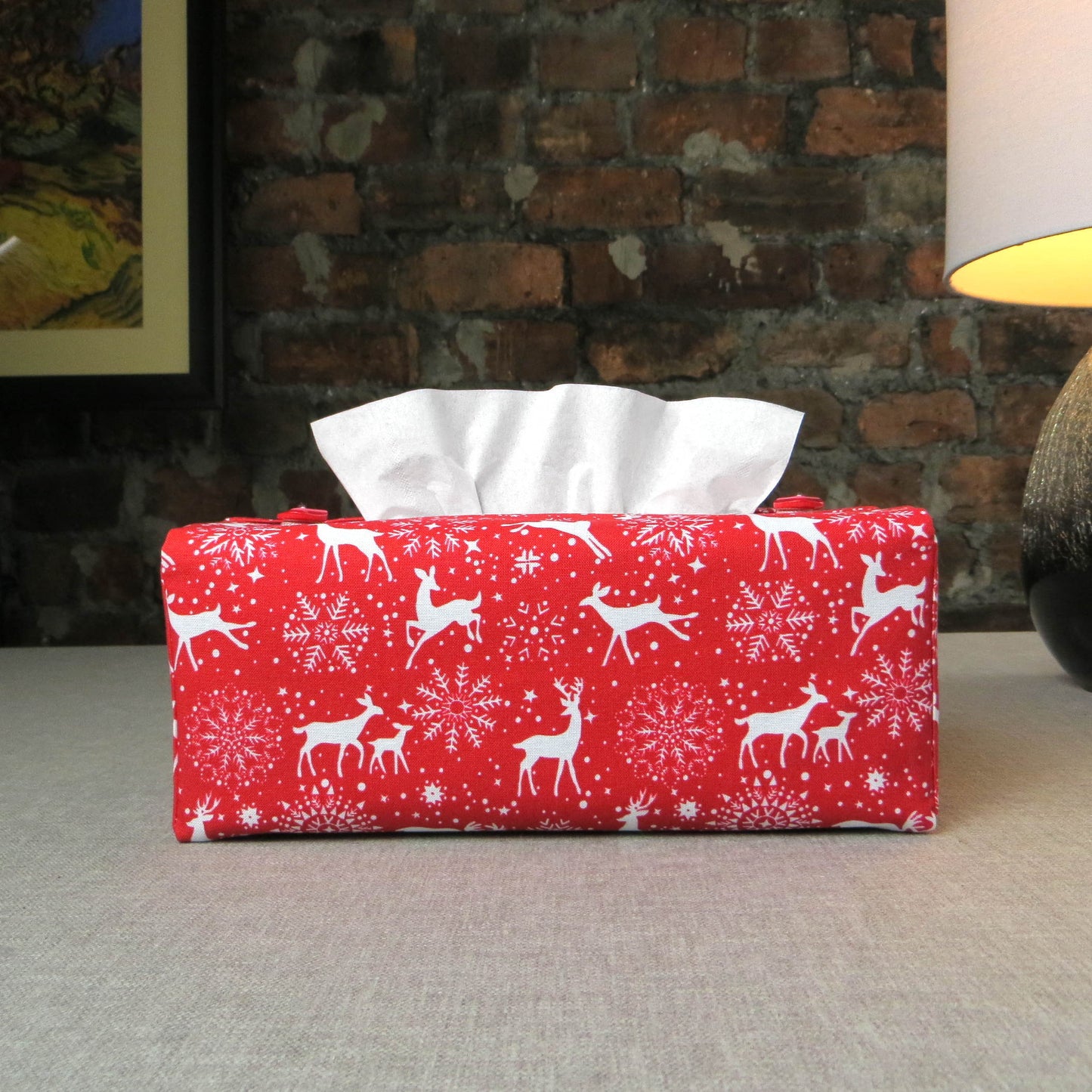 Rectangular Fabric Tissue Box Cover - Reindeer on Red Christmas Design