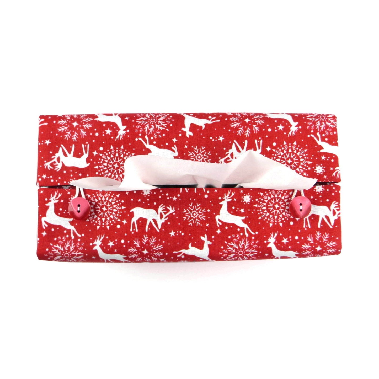 Rectangular Fabric Tissue Box Cover - Reindeer on Red Christmas Design