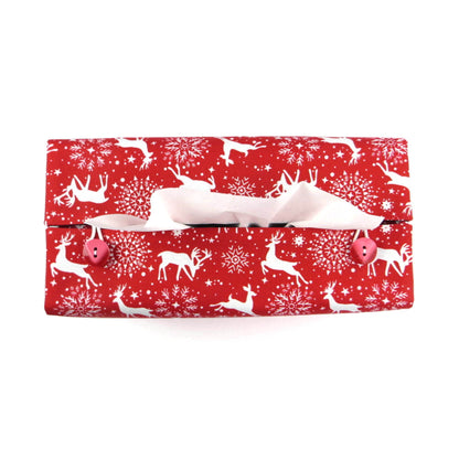 Rectangular Fabric Tissue Box Cover - Reindeer on Red Christmas Design