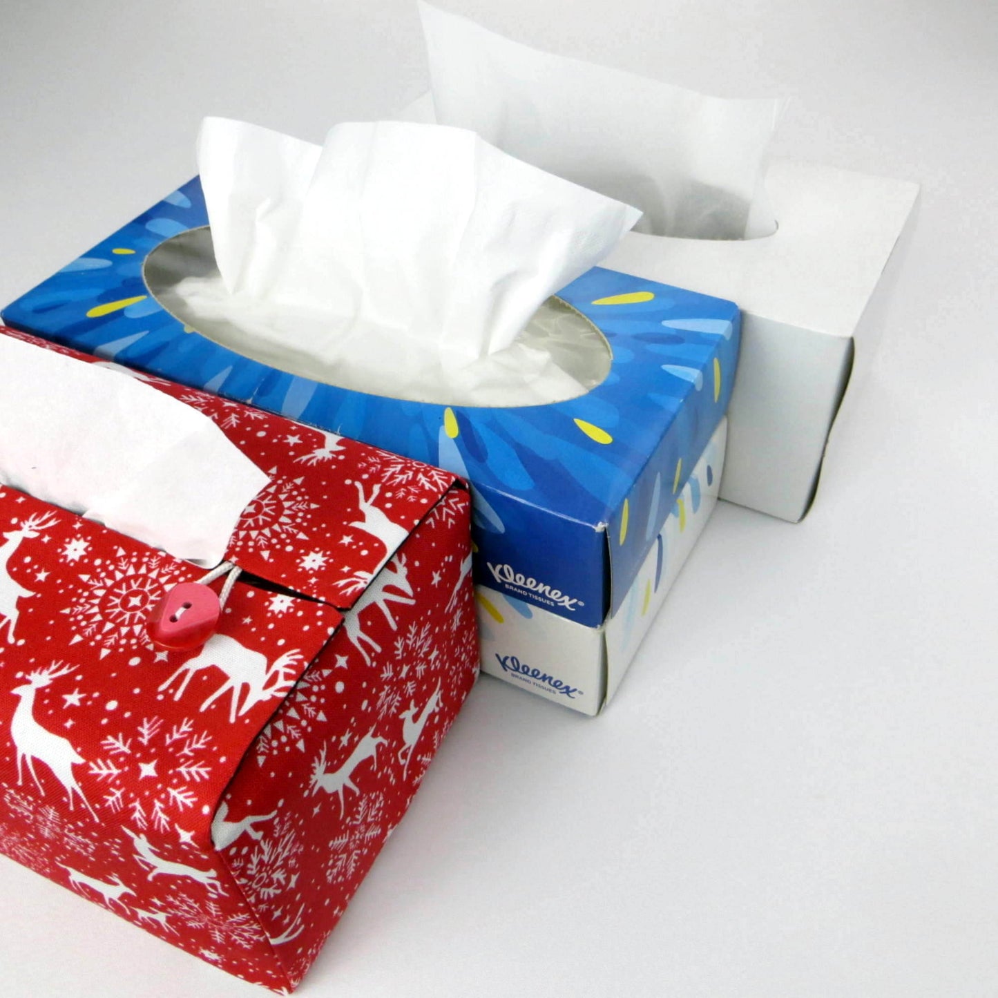 Rectangular Fabric Tissue Box Cover - Reindeer on Red Christmas Design
