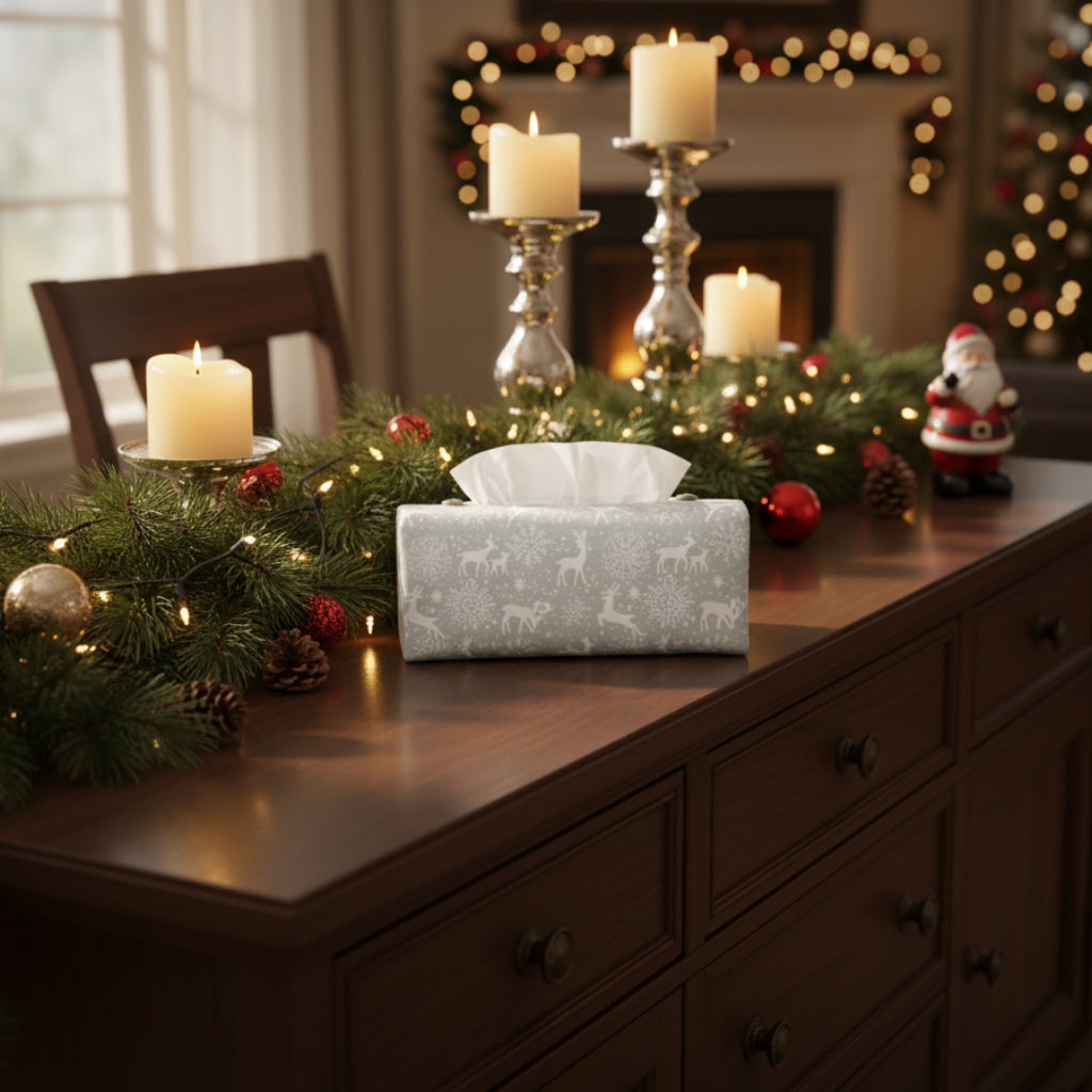 Rectangular tissue box with holiday themed white reindeer cover sitting on a sideboard in a Christmas decorated living room