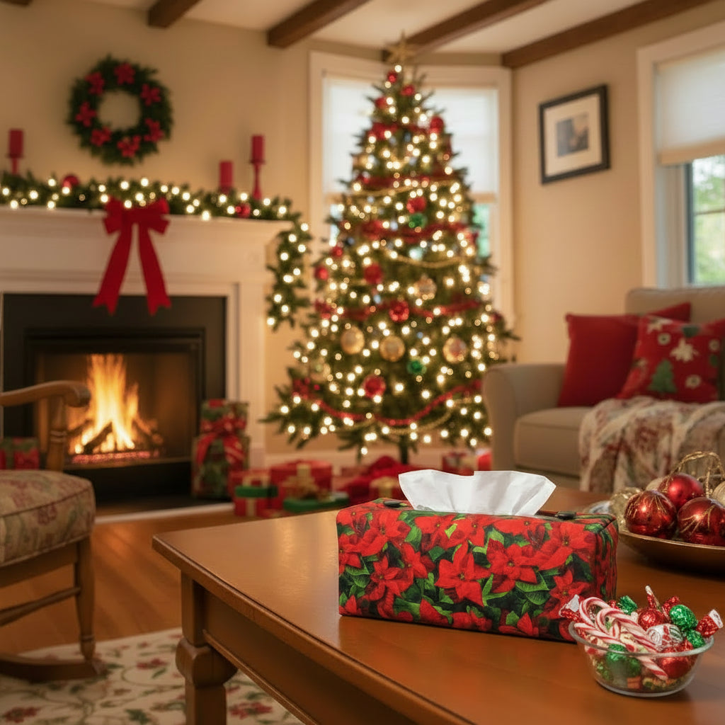 Rectangular tissue box with holiday themed poinsettia design cover sitting on a coffee table in a Christmas decorated living room