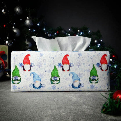 Rectangular Fabric Tissue Box Cover - Gnomes and Snowflakes Christmas Design
