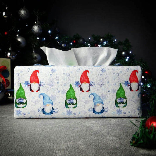 Rectangular Fabric Tissue Box Cover - Gnomes and Snowflakes Christmas Design