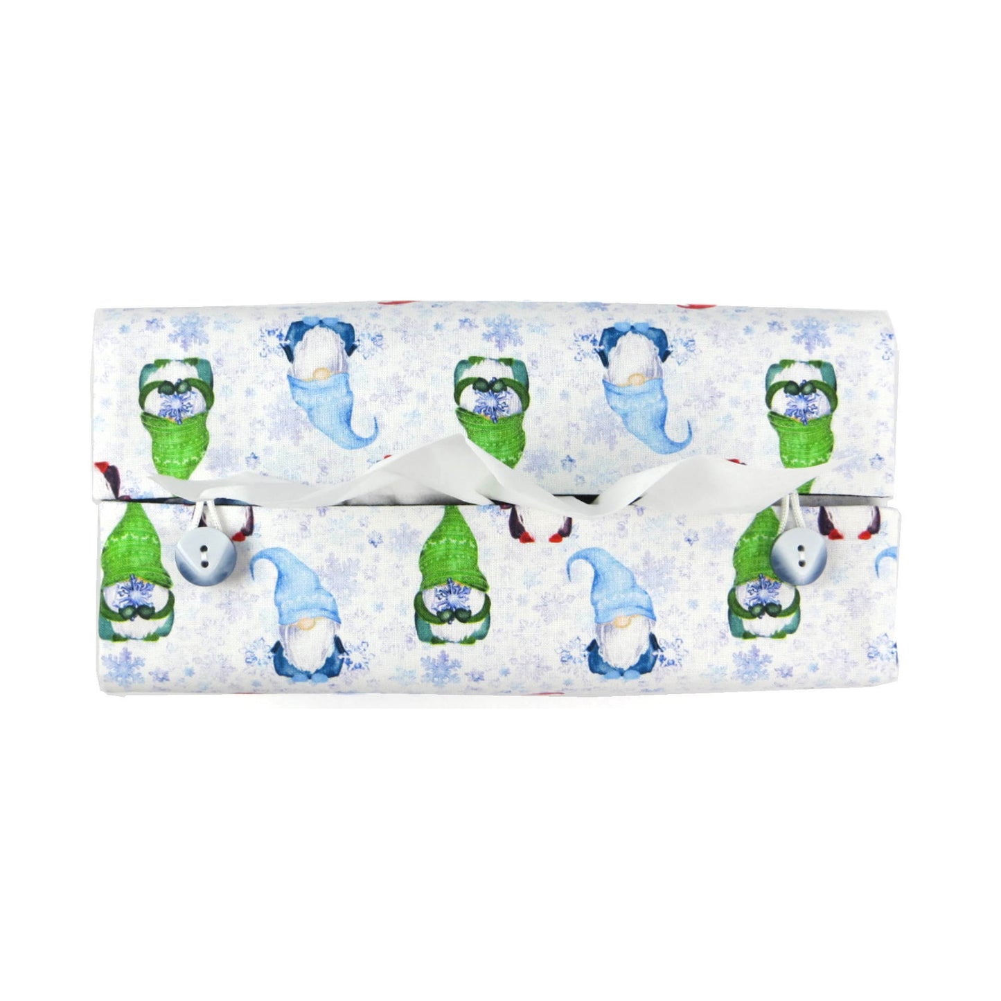 Rectangular Fabric Tissue Box Cover - Gnomes and Snowflakes Christmas Design