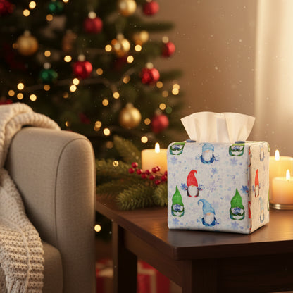 Square tissue box cover sitting on a side table in a living room with Christmas theme