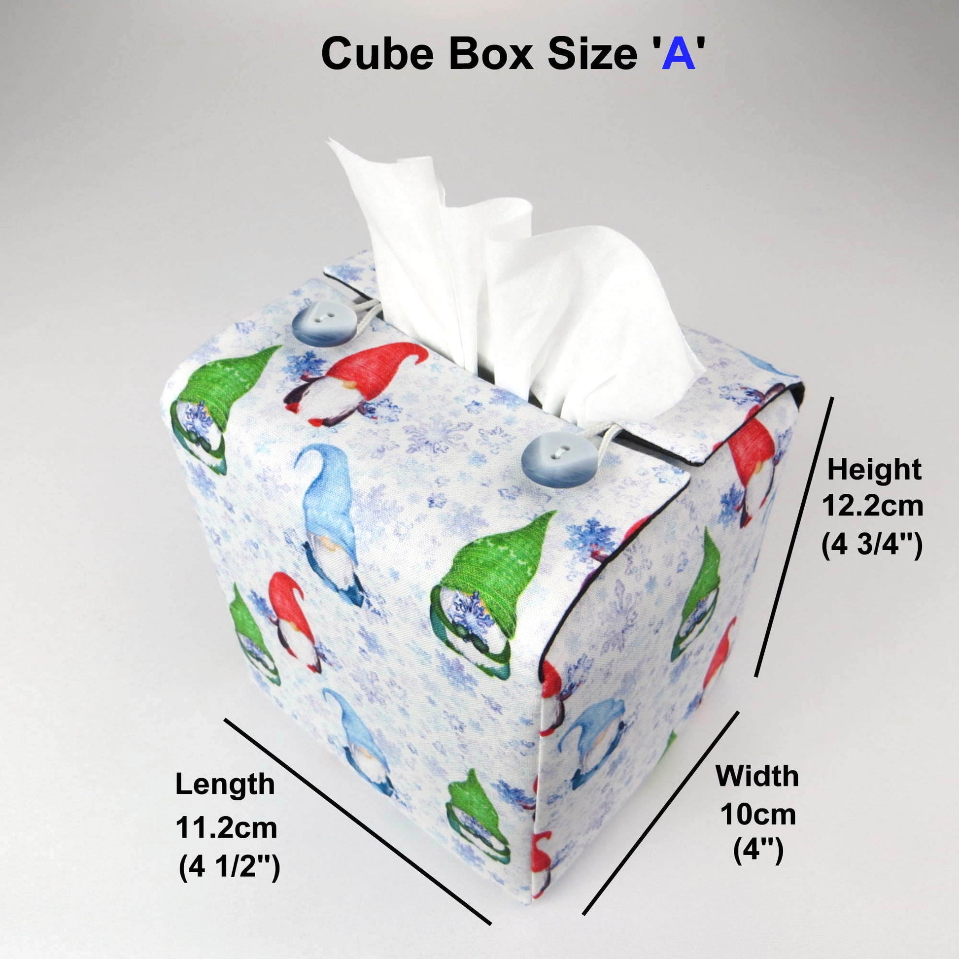Square tissue box cover with product details