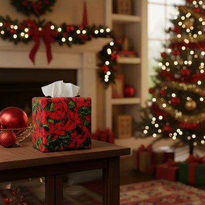 Square tissue box cover sitting on a side table in a living room with Christmas theme