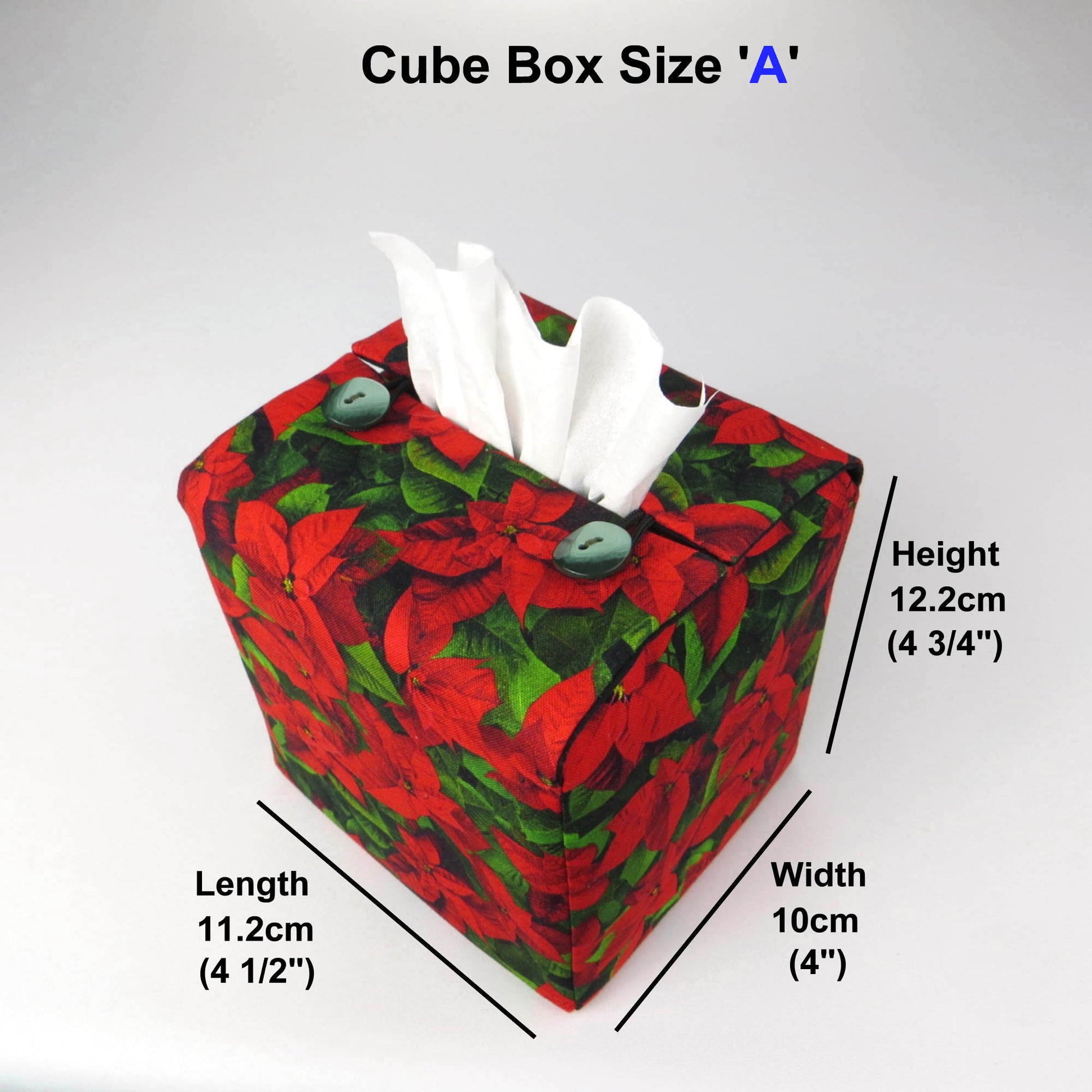Square tissue box cover with product details
