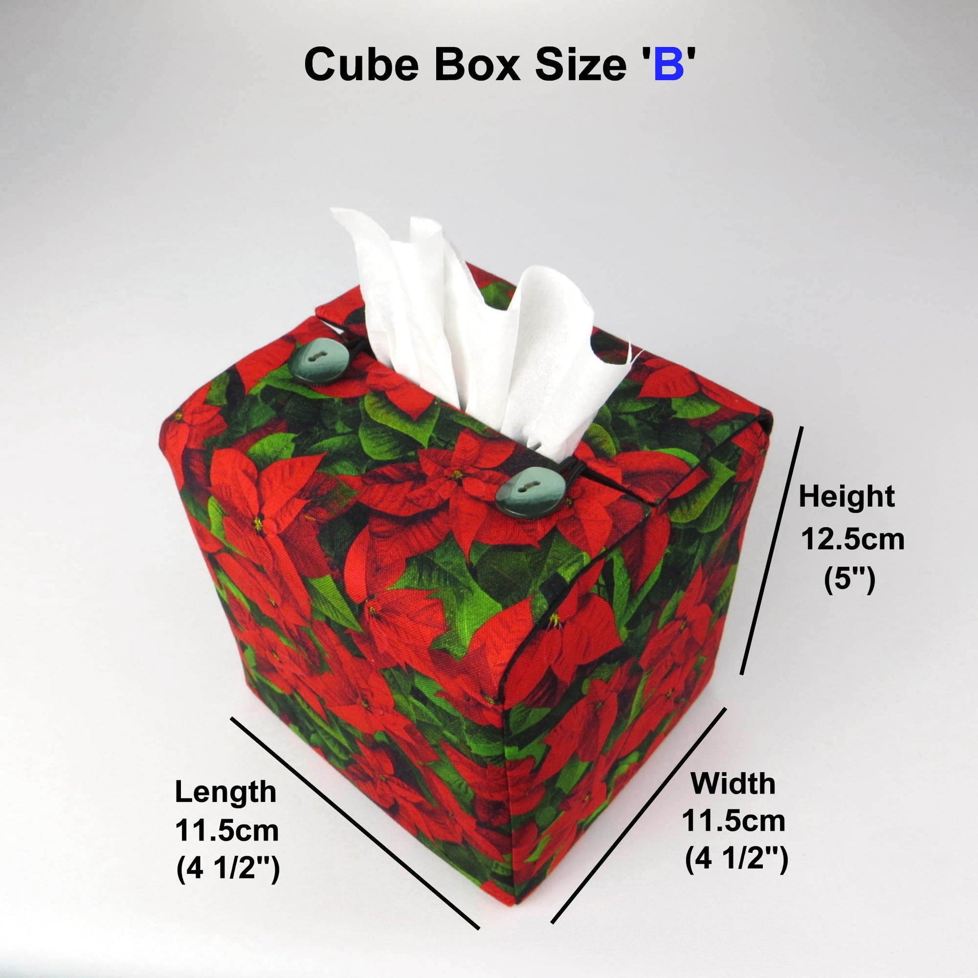 Square tissue box cover with product details