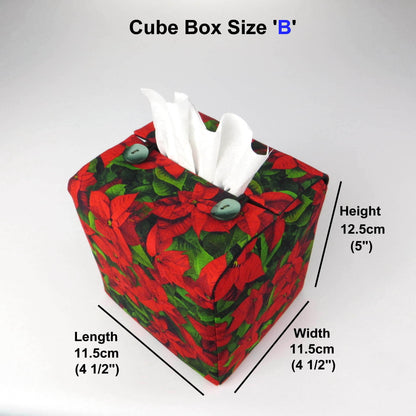 Square tissue box cover with product details