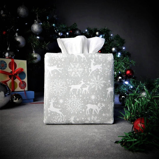 Cube Fabric Tissue Box Cover - Reindeer on Grey Christmas Design