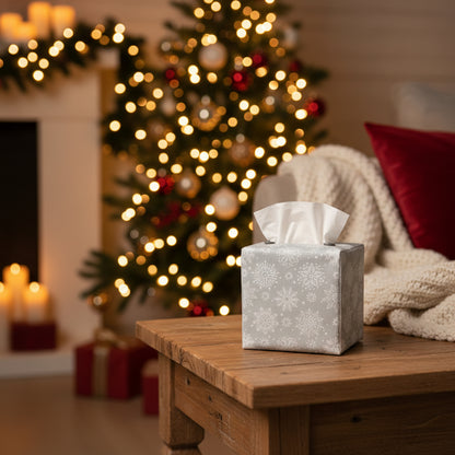 Square tissue box cover sitting on a side table in a living room with Christmas theme