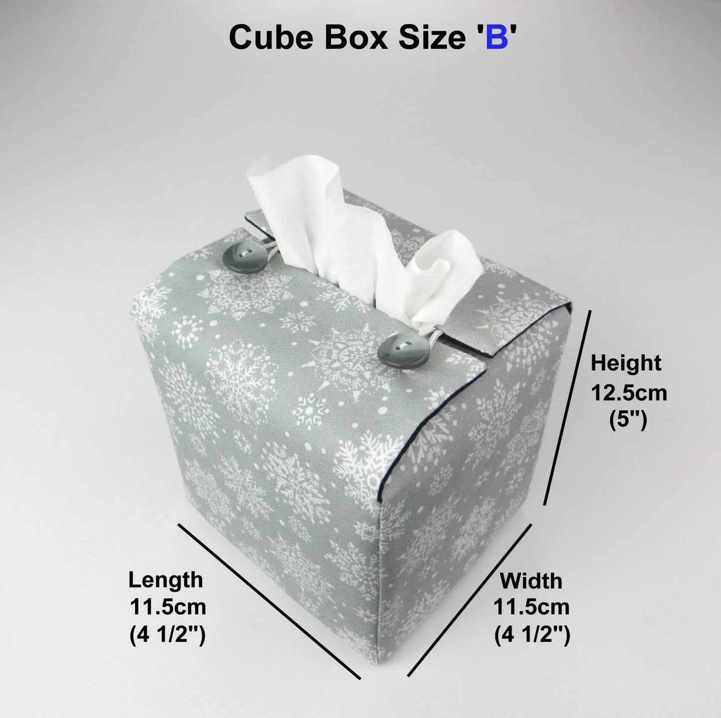 Square tissue box cover with product details