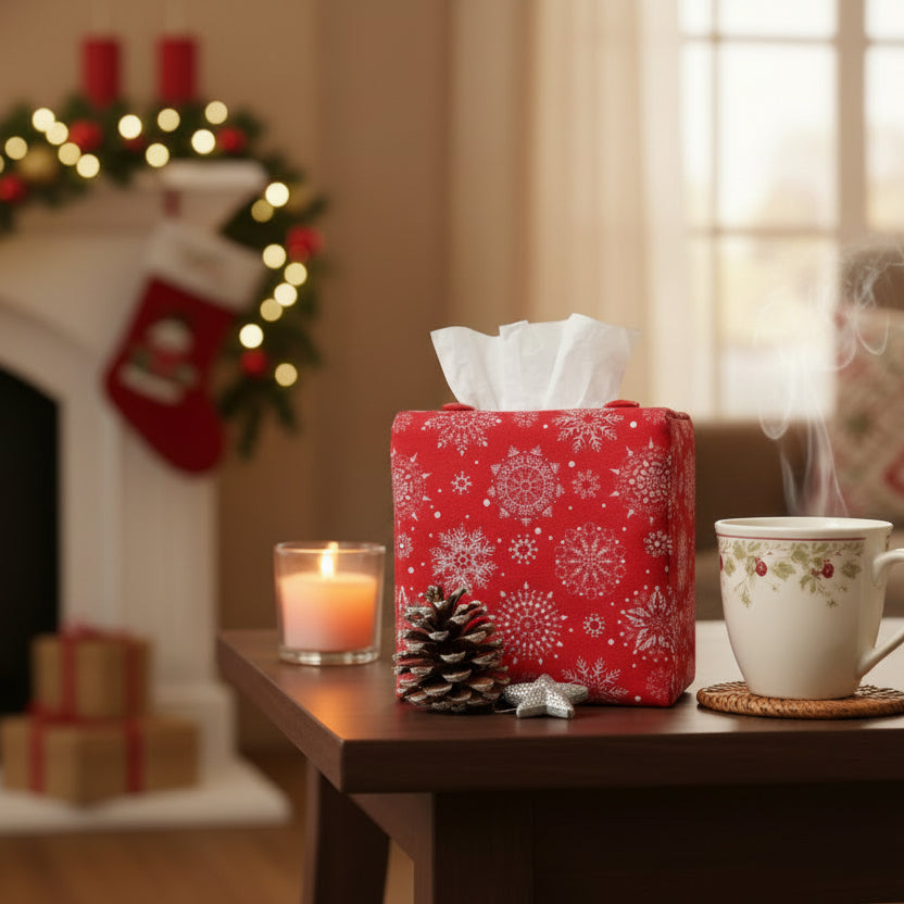 Square tissue box cover sitting on a side table in a living room with Christmas theme