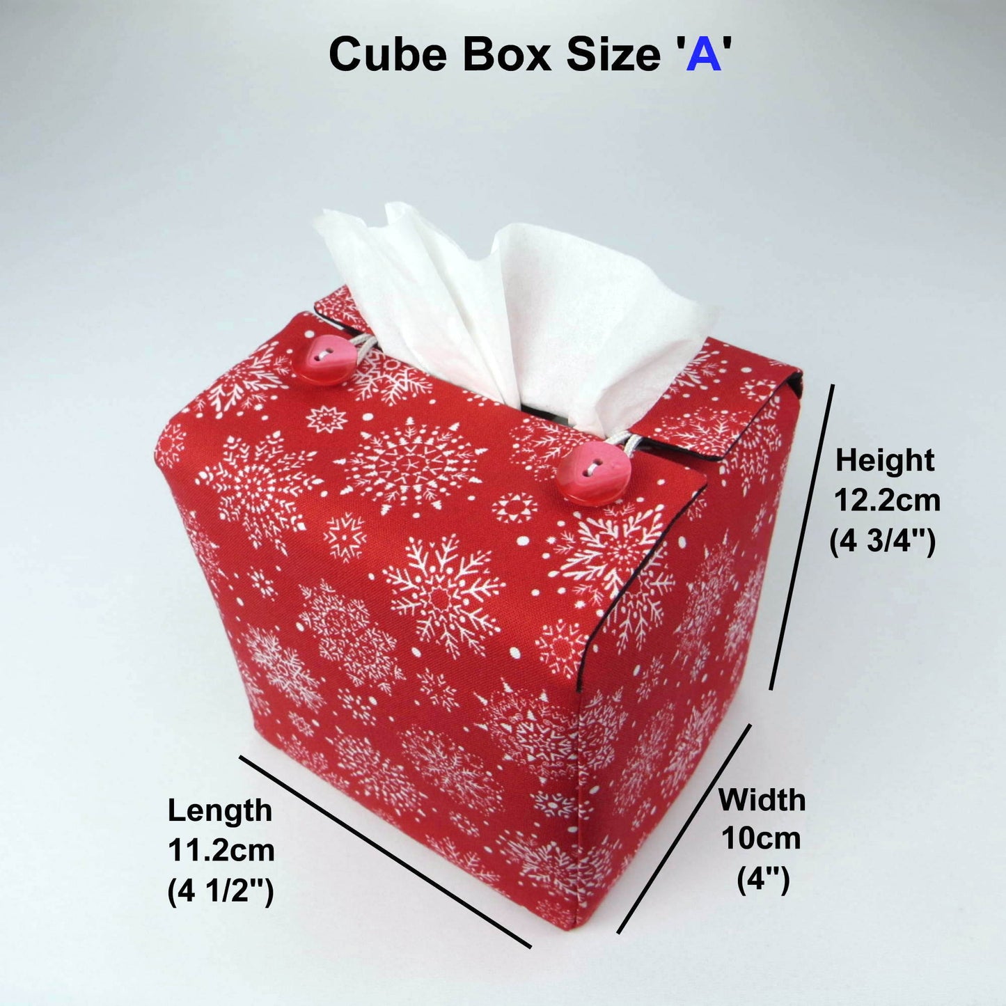 Square tissue box cover with product details