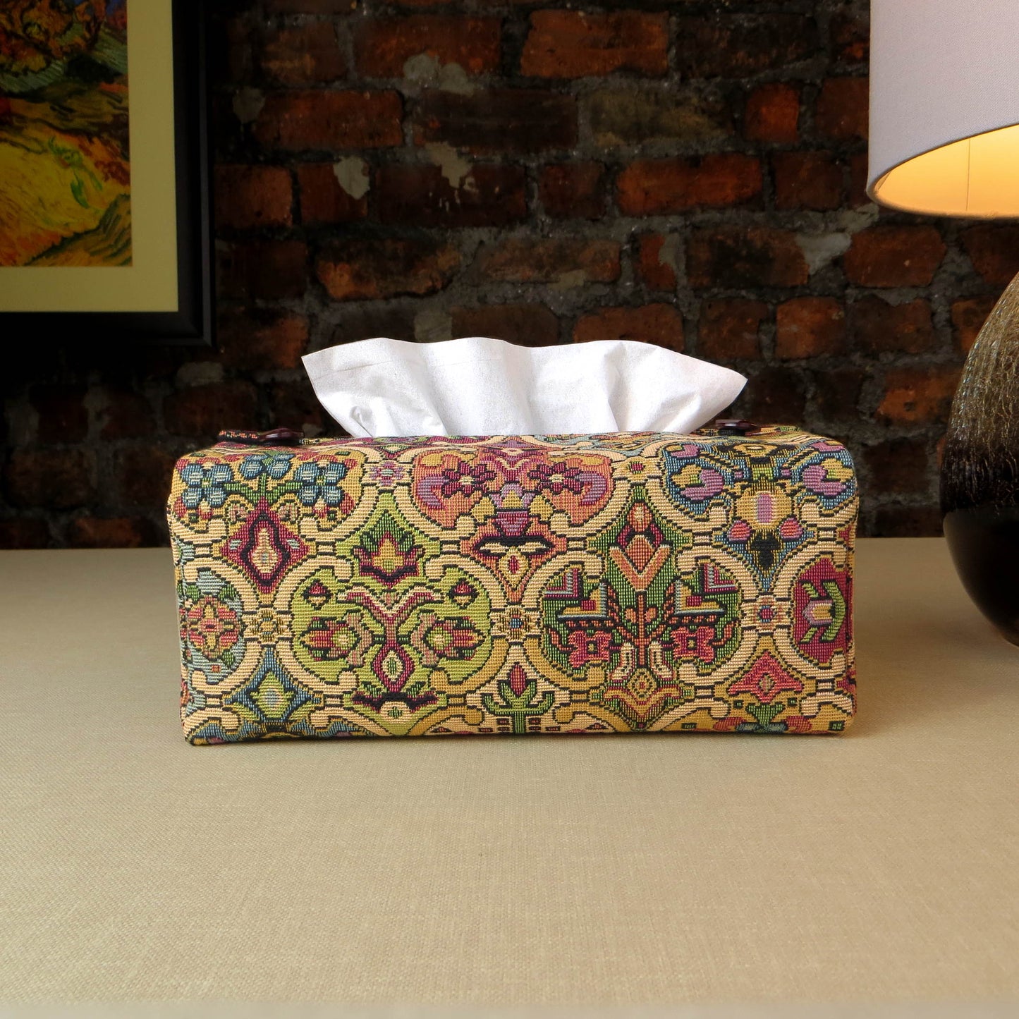 Rectangle tissue box cover with multi colour geometric pattern