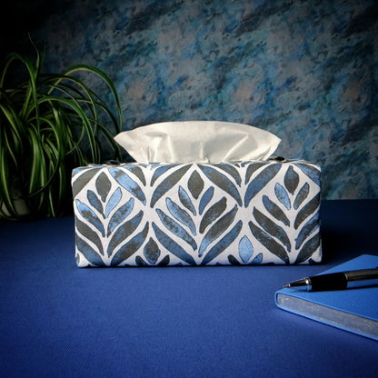 Rectangular Fabric Tissue Box Cover - Navy Watercolour Leaves