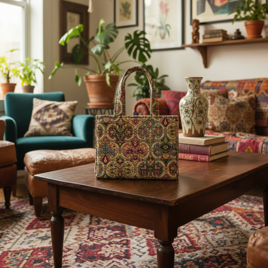 Mini tote bag with multi colour geometric pattern and purple velvet lining sitting on a coffee table in an eclectic living room