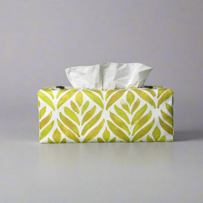 Rectangle tissue box cover with yellow watercolour style leaf pattern on white background