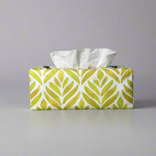 Rectangle tissue box cover with yellow watercolour style leaf pattern on white background