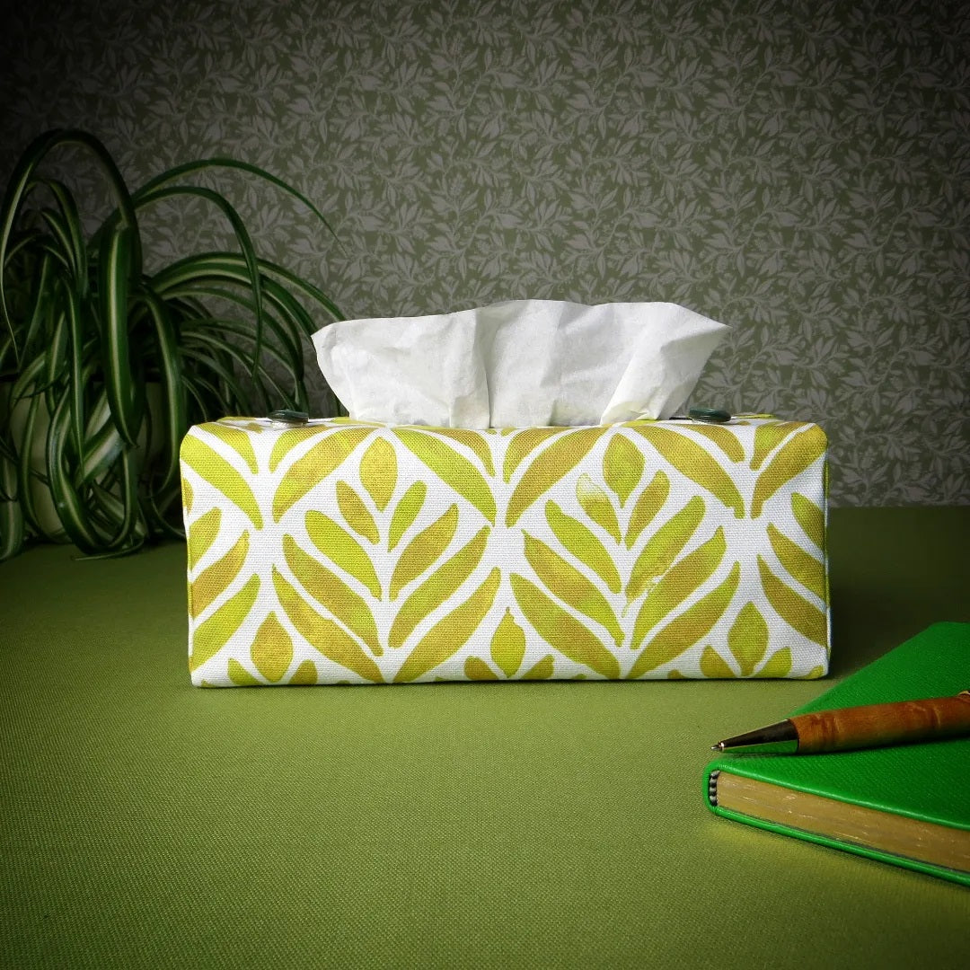 Rectangular Fabric Tissue Box Cover - Yellow Watercolour Leaves
