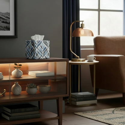 Cube Fabric Tissue Box Cover - Navy Watercolour Leaves