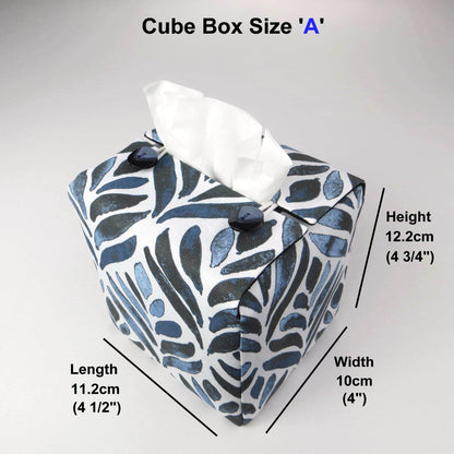 Square tissue box cover with navy blue watercolour style leaf pattern on white background