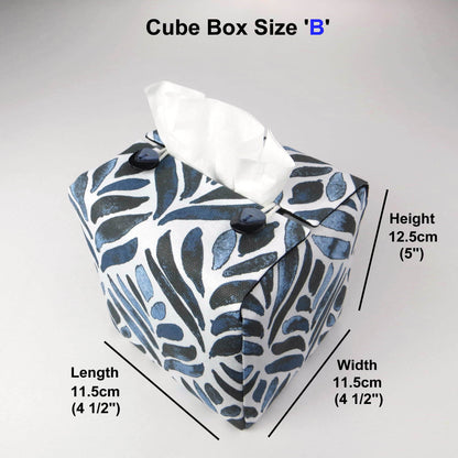 Square tissue box cover with navy blue watercolour style leaf pattern on white background
