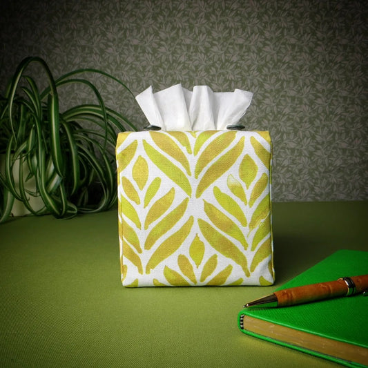 Cube Fabric Tissue Box Cover - Yellow Watercolour Leaves
