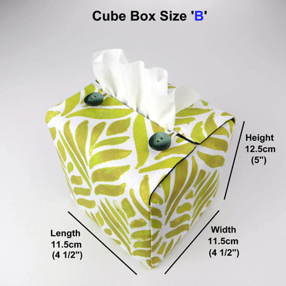 Square tissue box cover with yellow watercolour style leaf pattern on white background