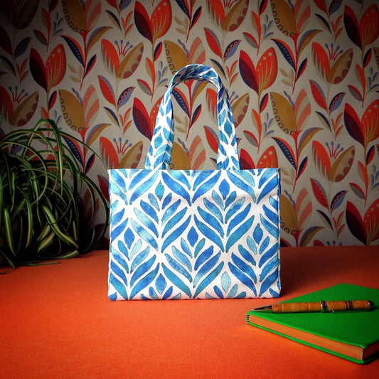 Mini Tote Bag - Blue Watercolour Leaves