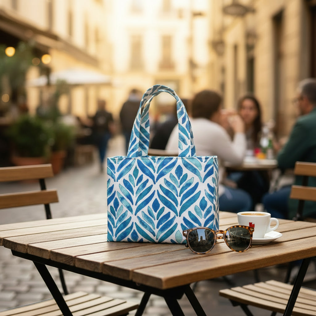 Mini tote bag with blue watercolour style leaf pattern on background sitting on an outdoor cafe table at a bistro