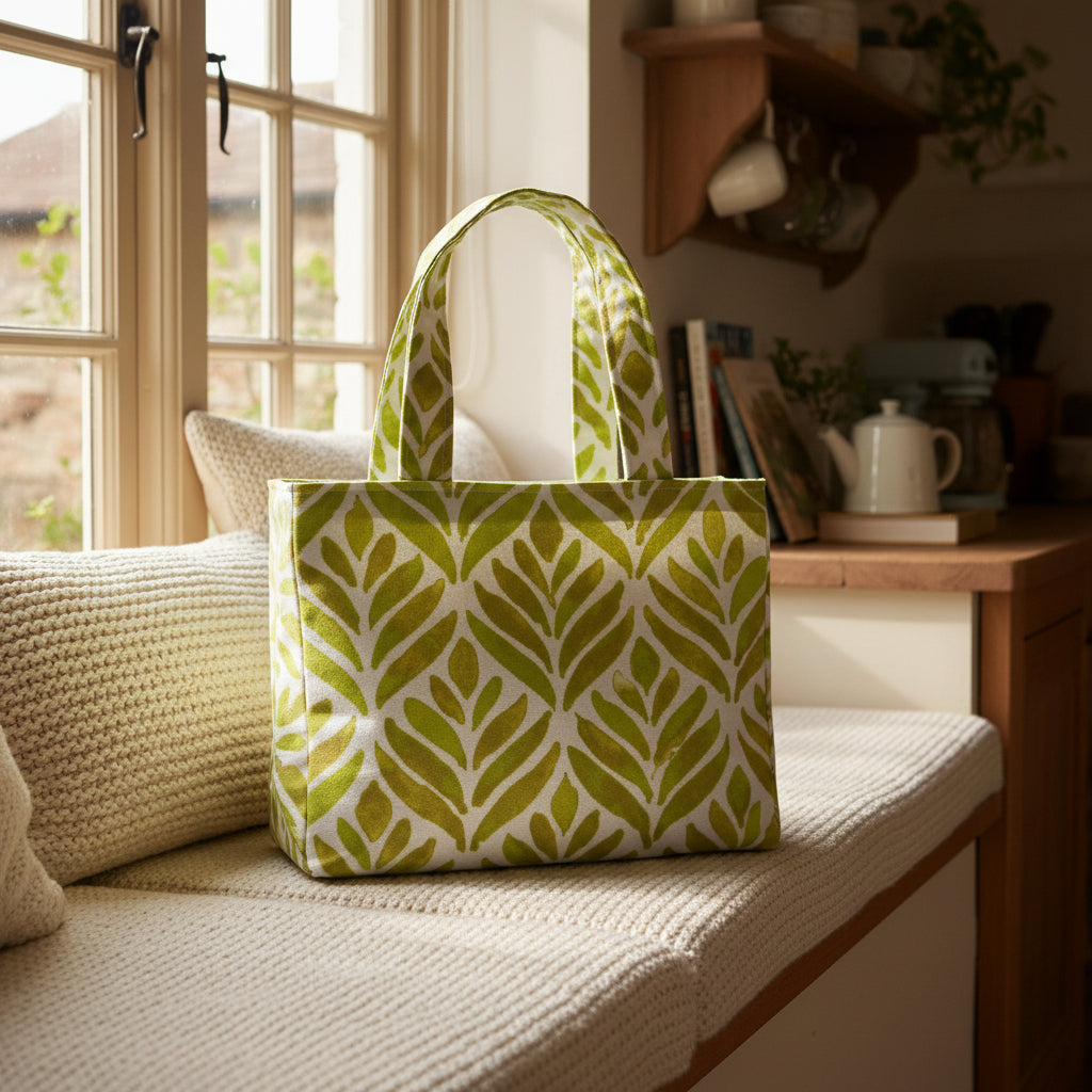 Mini tote bag with yellow watercolour style leaf pattern on background sitting on a window bench in a countryside home