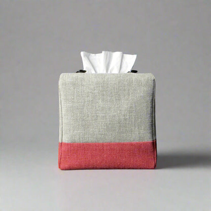 Square tissue box cover with taupe colour top and burgundy base